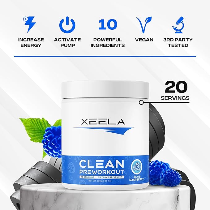 XEELA Pre Workout Powder - Clean & Tested - Jitter Free, Safe, and Natural - Increase Thermogenic Energy, Focus, and Endurance w/Creatine, Organic Caffeine, and Plant Based Citrulline (Blue Raspberry)