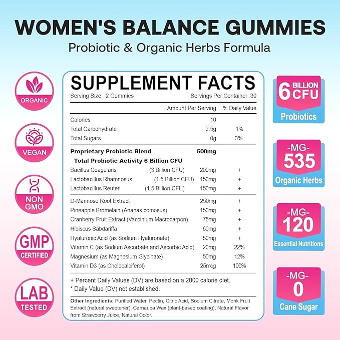 Feminine Balance Gummies for Women, Premium Ph Balance Gummies with Probiotic for Vaginal Flora Balance, Immune Support Supplement, Gluten-Free, Strawberry Flavor with Liquid Filled, 60 Count