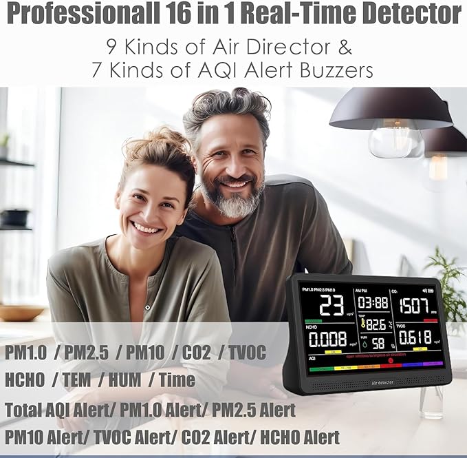 Professional Indoor Air Quality Monitor with 7X AQI Beep Alarms,16 in 1 Portable Real-Time Detector for PM2.5 | PM10 | CO2 | TVOC | HCHO | Temp | Hum for Home Cars Plants Pets