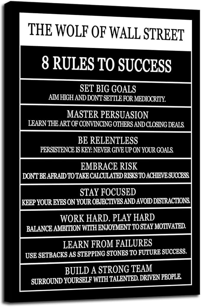 The Wolf Of Wall Street 8 Rules To Success Motivational Wall Art Printed Canvas Poster Inspirational Wall Decor for Office Hallway Gym Bedroom Living Room Framed Ready to Hang [12" W X 18" H]