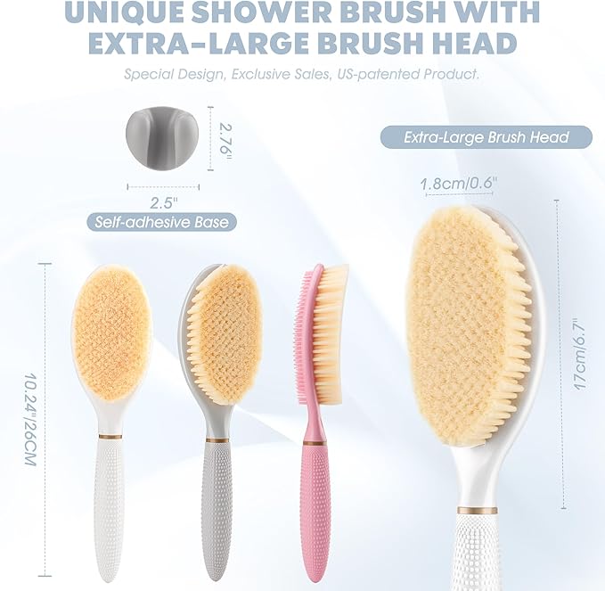 New Body Scrubber for Wet or Dry Brushing, Anti-Slip Corn-Handle Shower Brush with Large Dual-Side Head & Soft Bristles, Easy-to-use Bath Brushes for Lathering Cleansing(White-S)