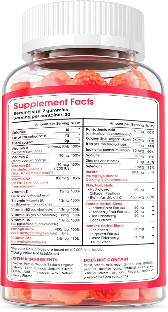 Muun Women's 14+ Multivitamin Gummy 60 Ct, Methylated B-Complex, Beauty & Energy - Sugar Free, Low Iron, Folate, Biotin, Vitamin A, C, D3, E, K, B6, B12