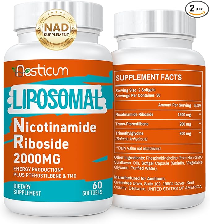 2000 MG Nicotinamide Riboside, NMNH Supplement Alternative, Liposomal Nicotinamide Riboside Supplement with TMG & Pterostilbene - NAD*, Energy, Focus, Immunity, Age Resist - 120 Softgels
