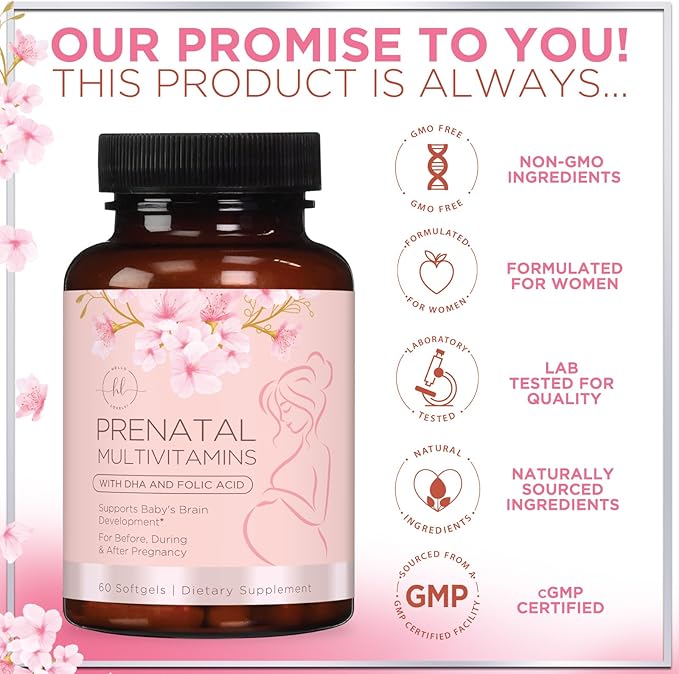 Prenatal Vitamins For Women With Folic Acid, DHA & Iron - Women's Prenatal Multivitamin, Essential Pre Natal Vitamins with Folate, Omega 3, D3, B12, Pregnancy Supplement for Mom & Baby - 60 Softgels