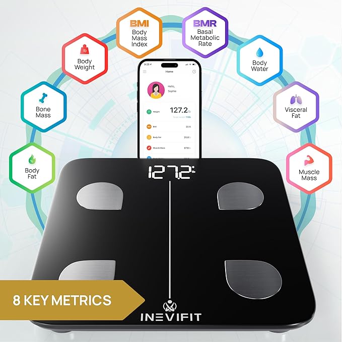 INEVIFIT Smart Body Fat Scale, BMI Highly Accurate Bluetooth Digital Bathroom Body Composition Analyzer. Measures Body Fat, Water, Muscle, Bone Mass & More for Unlimited Users