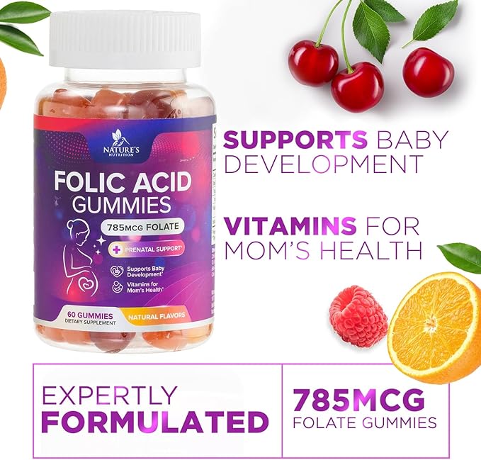 Folic Acid Gummies for Women 785 mcg, Essential Prenatal Vitamins for Mom & Baby, Vegan Folic Supplement Gummy, Daily Vitamin B9 Extra Strength Folate, Before During After Pregnancy - 60 Gummies