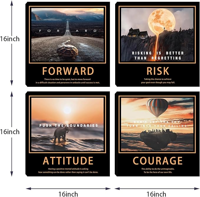 Motivational Quotes Wall Art 4 Pieces Posters Room Decor for Men Canvas Wall Art for Office Inspirational Picture Wall Decor Canvas Wall Painting Prints Home Decoration Framed Artwork 16"x16"x4pcs