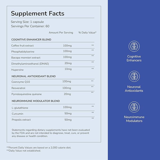 Daily Brain Supplement, Premium Nootropic Helps Boost Memory, Enhances Cognition, and Supports Brain Health & Immune Function with Phosphatidylserine, Resveratrol & Glutathione (30 Servings)