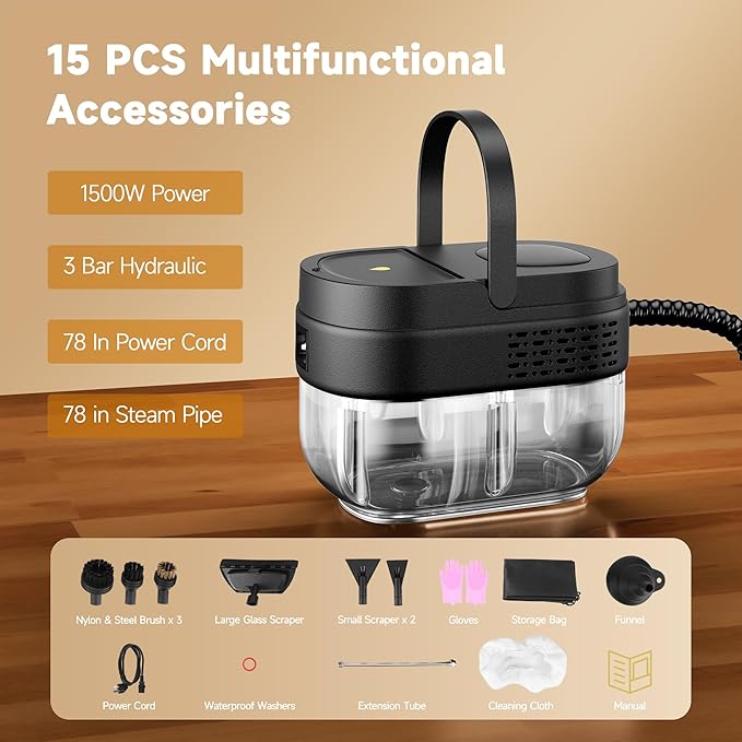Handheld Steam Cleaner for Home, 3-Level Adjustable Handle, 10s Heat-Up, Portable Steamer for Cleaning with 1.69 Quarts Tank, Handheld Steamer for Car, Grease, Tile, Grout & Couch -15 PCS Accessories