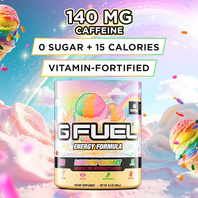 G Fuel Rainbow Sherbet Energy Drink Powder, Pre Workout Caffeine Mix for Gaming, Sugar Free Focus Amino, Vitamin + Antioxidants, 9.9oz (Rainbow Sherbet, 40 Servings)