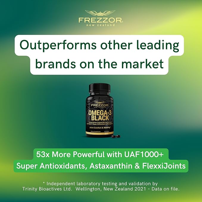 FREZZOR Omega 3 Black for Joint Care & Comfort - New Zealand Green Lipped Mussel Oil Capsules; 53x Higher Potency with UAF1000+ Super Antioxidant, No Fishy Aftertaste, 60 Count (Pack of 3)