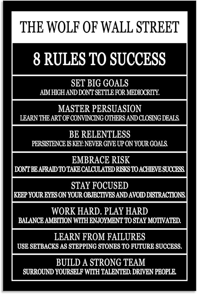The Wolf Of Wall Street 8 Rules To Success Motivational Wall Art Printed Canvas Poster Inspirational Wall Decor for Office Hallway Gym Bedroom Living Room Framed Ready to Hang [12" W X 18" H]