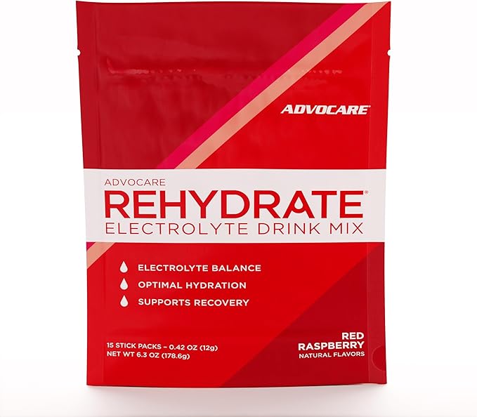 AdvoCare Rehydrate Electrolyte Drink Mix - Hydration & Recovery Drink with Sodium, Potassium & More - Red Raspberry - 15 Hydration Packets