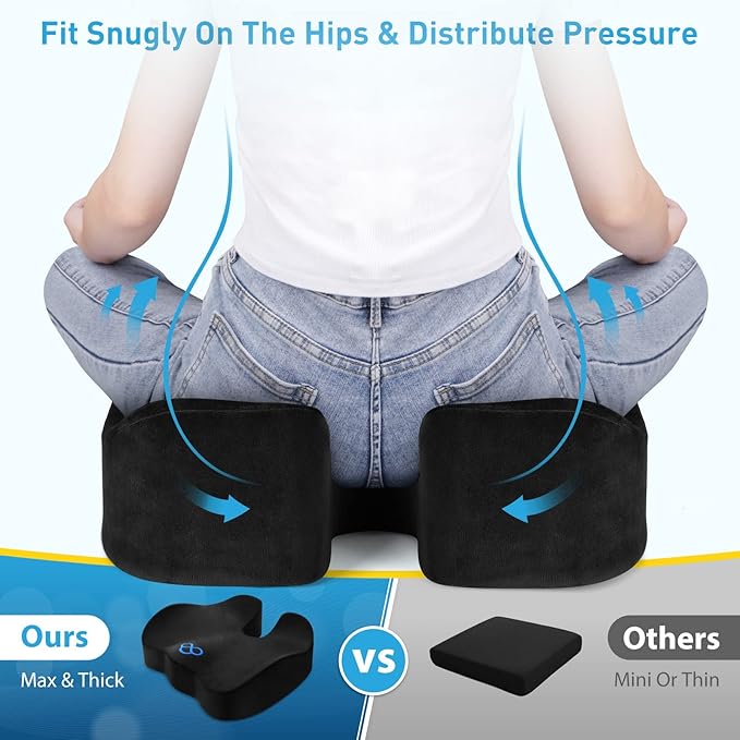 BlissTrends Seat Cushion,5.2in Thick Memory Foam Cushions for Office Chair, Car Seat, Airplane, Relieving Pressure Tailbone Sciatica Back Pain for Long Sitting Office Workers, Car Drivers Black