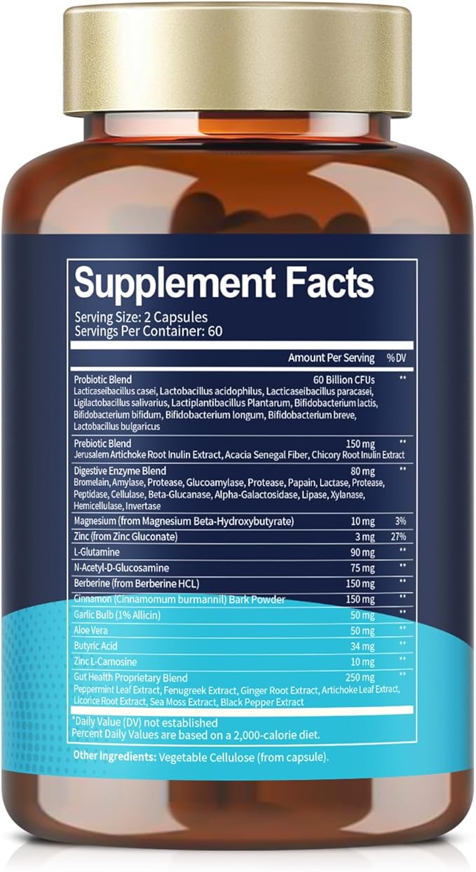4-in-1 Gut Health Supplement with Probiotics, Prebiotics, Postbiotics & Digestive Enzymes for Women & Men, 60 Billion CFU Probiotics for Gut and Digestion, Strong Immunity, Skin (2 Pack)