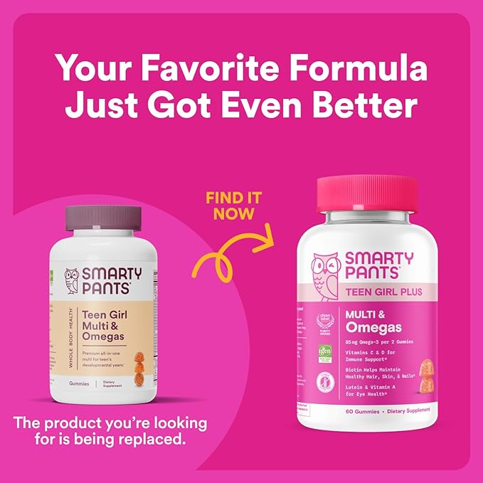 SmartyPants Teen Girl Multivitamin Gummies: Omega 3 Fish Oil (EPA/DHA), Vitamin C, D3, B12, Vitamin A, K & Zinc, Gluten Free, Includes Biotin to Support Hair, Skin & Nails, 120 Count (30 Day Supply)