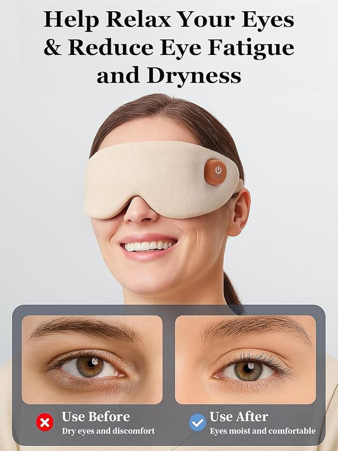 Cordless Heated Eye Mask, Warm Eye Compress for Dry Eyes, Light Blocking Heat Eye Mask for Women Men, Washable Eye Heating Pad for Travel, Dry Eyes, Blepharitis, Sinus Migraine (Beige White)