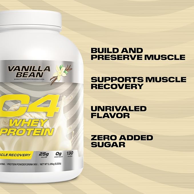Cellucor C4 Whey Protein Powder, Vanilla Bean - 25g Protein, 0g Added Sugar, 130 Calories Per Serving, Supports Muscle Recovery, 66 Servings, Premium Whey for Post-Workout