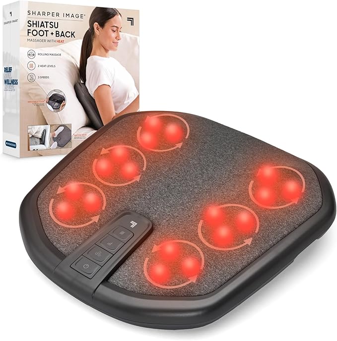 Sharper Image® Shiatsu Foot + Back Massager with Heat & Washable Cover| Portable Kneading Deep Tissue Massage Tool| Heating Pad Massage Pillow