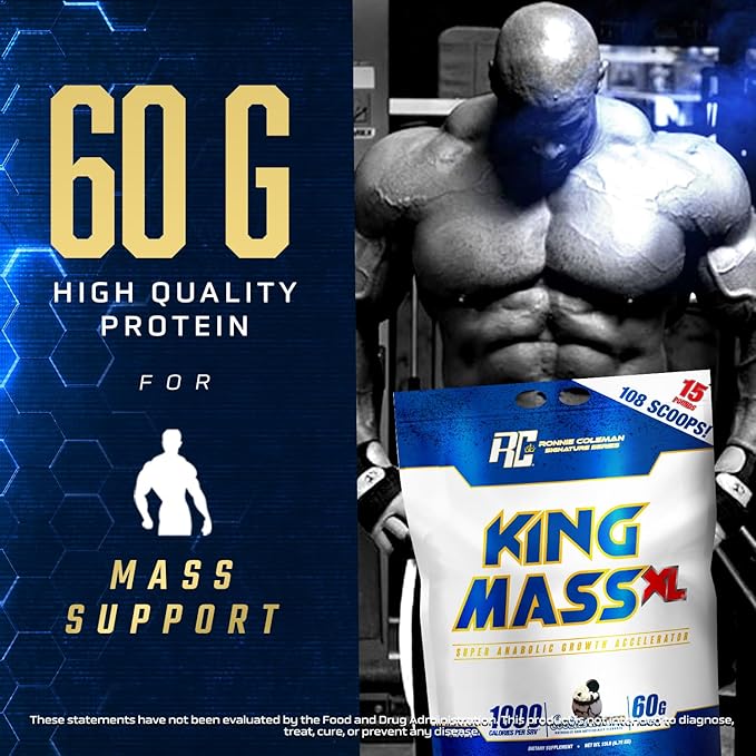 Ronnie Coleman Signature Series King Mass XL Mass Gainer Protein Powder, Muscle Gainer, 60g Protein, 180g Carbohydrates, 1,000+ Calories, Creatine and Glutamine, Cookies N' Cream, 15 Pound