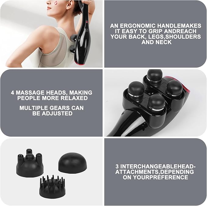 4-Head Massager, Handheld Back Massager, relieves deep Tissue Pain, Body Percussion Massage for Back, Neck, Shoulders, Limbs, and Body.