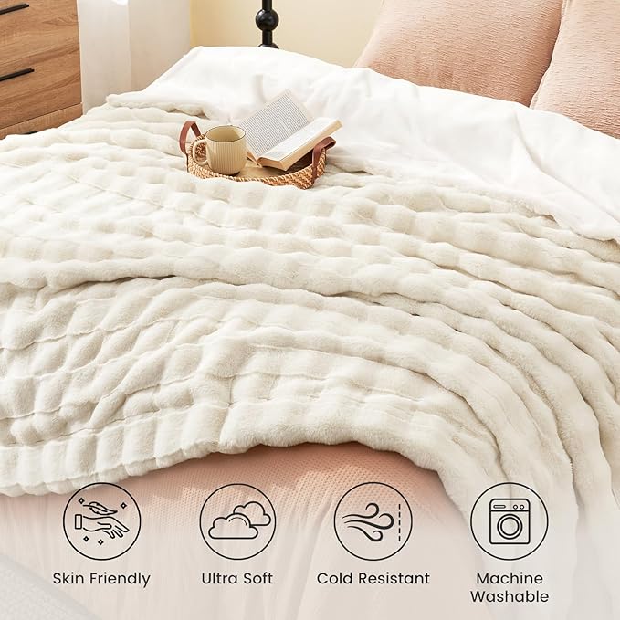 Cozy Bliss Fluffy Faux Fur Blanket Queen Size for Bed, Fuzzy Soft Striped Plush Blanket, Thick Throw for Bedroom Couch Gift, 90x90 Inches Cream White