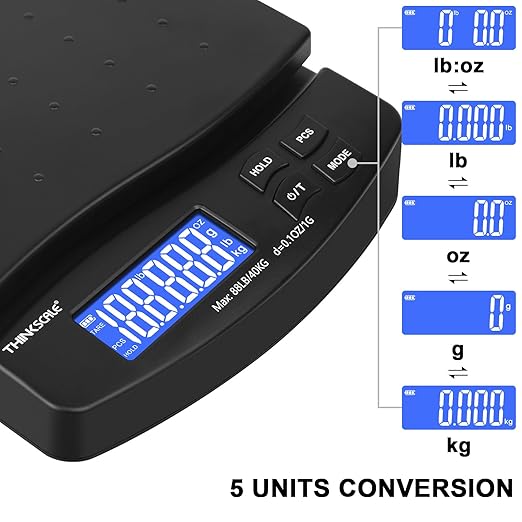 THINKSCALE 88lb Shipping Scale, 0.1oz Precision, Digital Postal Scale with Large LCD, Hold/Tare/Piece Counting, 5 Units, Dual Power (Battery/AC), Black