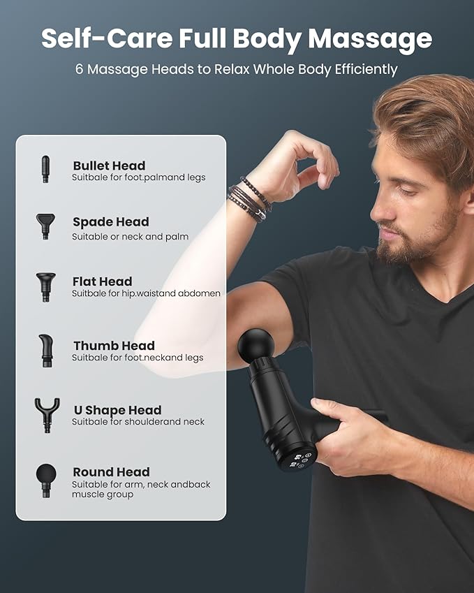 AYURA Massage Gun, Deep Tissue Percussion Massager Gun, Handheld Back Massager, Electric Massager with 30 Speeds and 6 Heads for Athletes Men Women