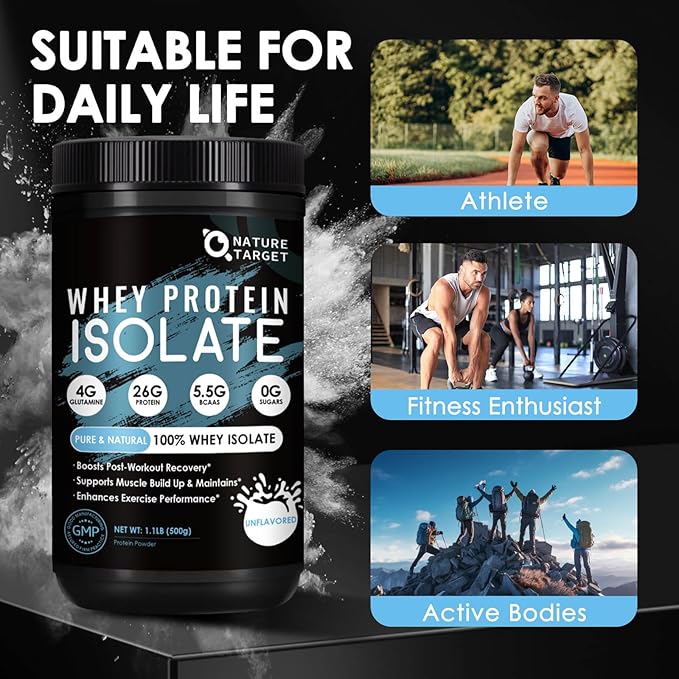 NATURE TARGET Whey Protein Powder, Unflavored Protein Powder, Whey Protein Isolate for Muscle Growth & Recovery, 26G Protein, Gluten Free & No Sugars, 16 Servings, 1.10 Pound (500 G)