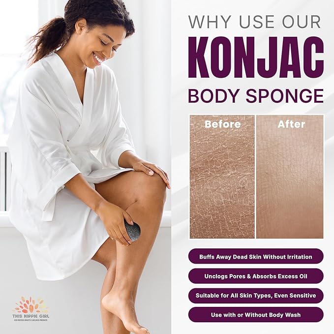 Roote Ritual Konjac Body Sponge – 100% Natural Exfoliating Shower Sponge for Sensitive Skin – Gently Deep Cleanses & Softens, Earth-Friendly, Biodegradable, Vegan – for Women, Men (Charcoal Black)