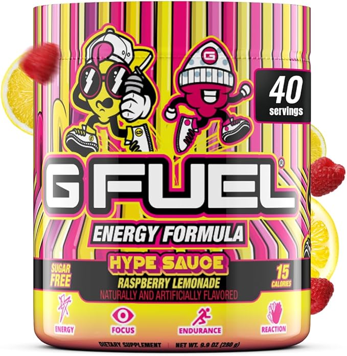 G Fuel Hype Sauce Energy Drink Powder, Pre Workout Caffeine Mix for Gaming, Sugar Free Focus Amino, Vitamin + Antioxidants, 9.9oz (Raspberry Lemonade, 40 Servings)