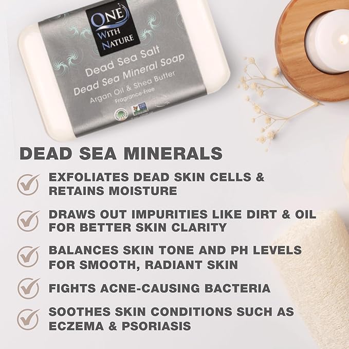 One With Nature Dead Sea Salt Soap 4oz 3-Pack – Purifying Soap Bar with Dead Sea Minerals for Face & Body, for Men & Women. Unscented.