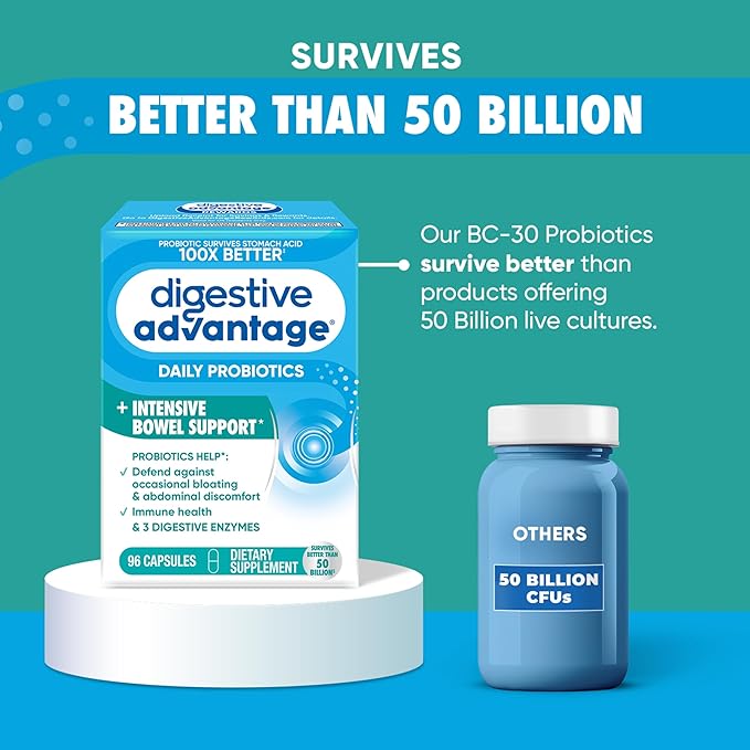 IBS Daily Probiotic Capsules for Digestive Health & Gut Health, Digestive Advantage Probiotics For Men and Women (96 count box) - Digestible Enzymes