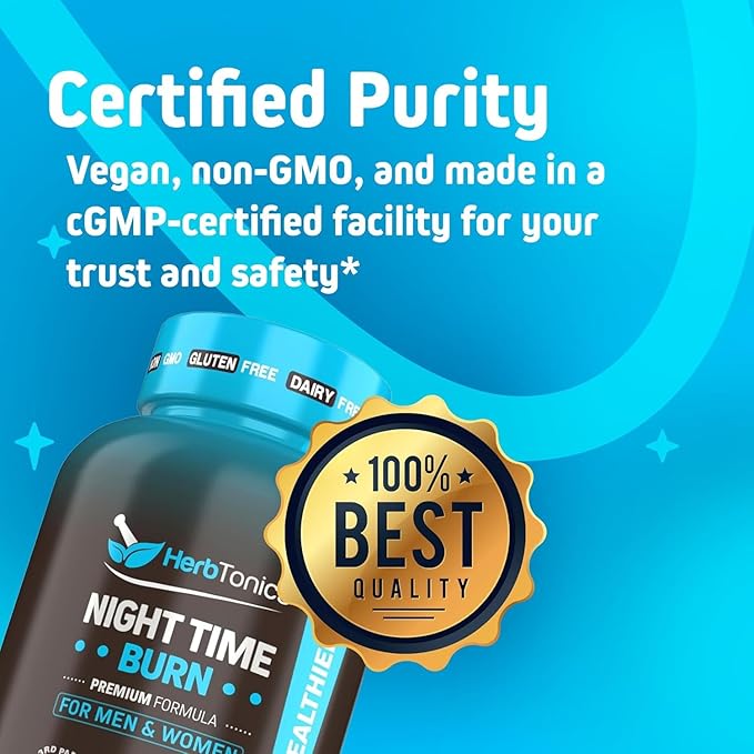 Herbtonics Night Time Burn & Sleep Complex Supports Overnight Metabolism, Stress Relief & Deep Sleep. Includes Melatonin, Valerian and Green Tea – Vegan Bedtime Weight Management (60 Capsules)