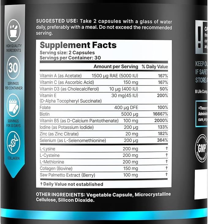 Men’s Hair Supplement – 60 Capsules – Biotin for Hair Growth Men – Hair Vitamins for Hair Loss for Men – Hair Supplements for Hair Growth with Collagen, Zinc, Selenium, Vitamins A,C,D,E – 30 Servings