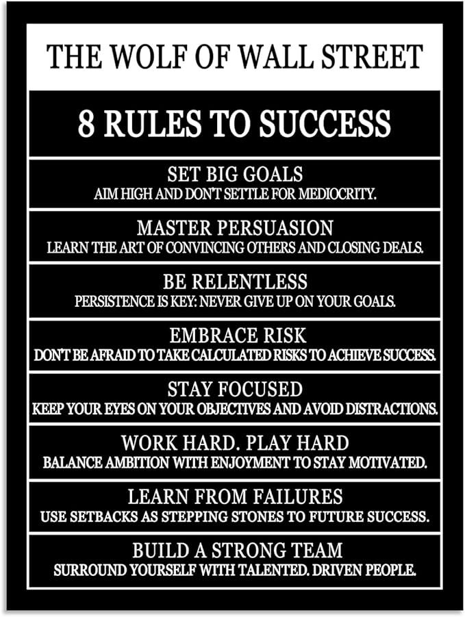 Motivational Posters The Wolf Of Wall Street 8 Rules To Success Printed Canvas Painting Inspirational Wall Decor for Office Hallway Gym Bedroom Living Room Framed Ready to Hang[30" W X 40" H]