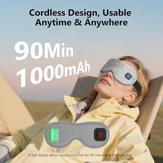 Heated Eye Mask Cordless for Dry Eyes with Replaceable Shell,Buit-in 1000mAh Battery, Eye Relief, Improved Sleep, Light Blocking Warm Eye Compress Washable Eye Heating pad for Travel Family,Best Gift