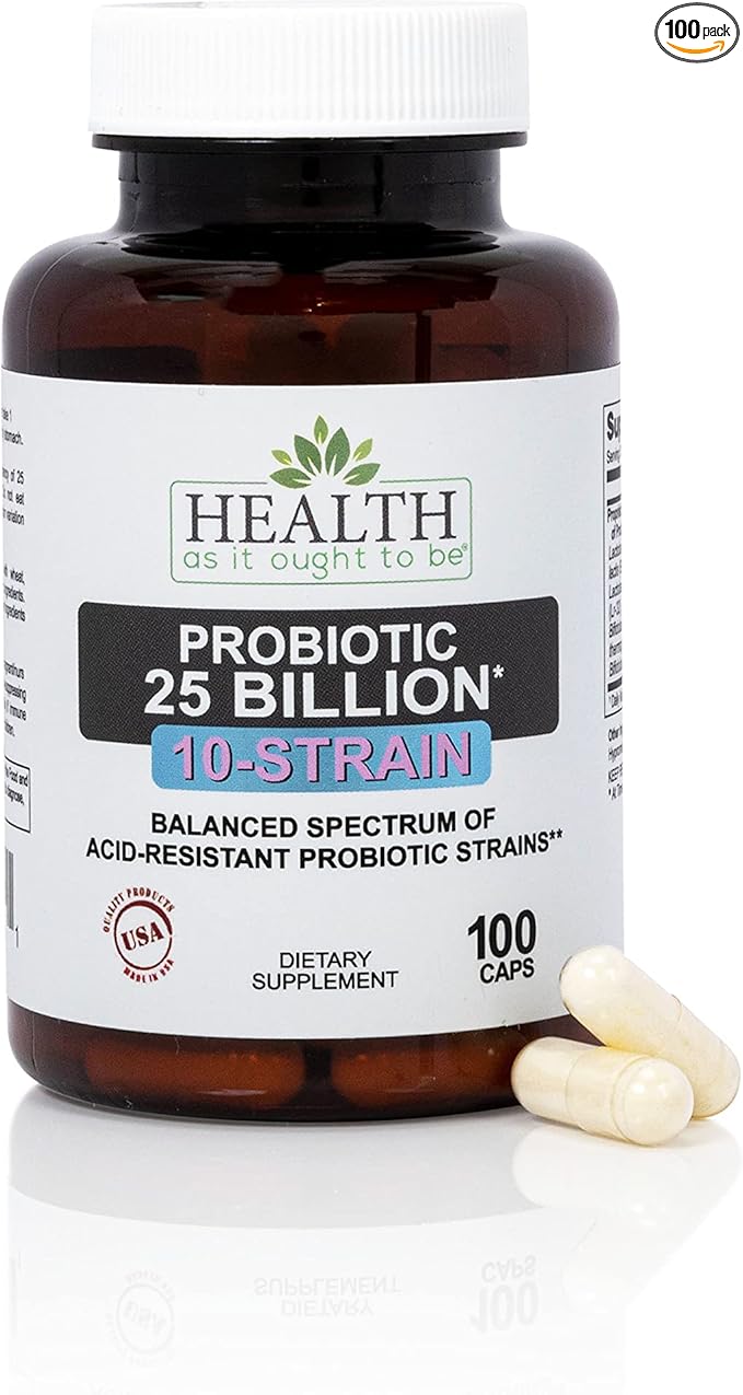 Health As It Ought To Be Probiotic (10 Strain) 25 Billion CFUs Supplement | Physician Formulated Balanced Spectrum of Acid|Resistant Probiotic Strains | 100 Veggie Caps