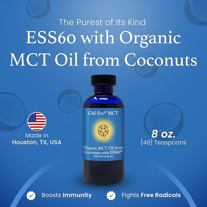 MCT Oil from Coconuts with C60 ESS60, Immune Support, Sleep Aid Rich in Antioxidants, Flexibility and Joint Support Supplement, Promotes MCT Wellness for Energy Boost, 8 oz