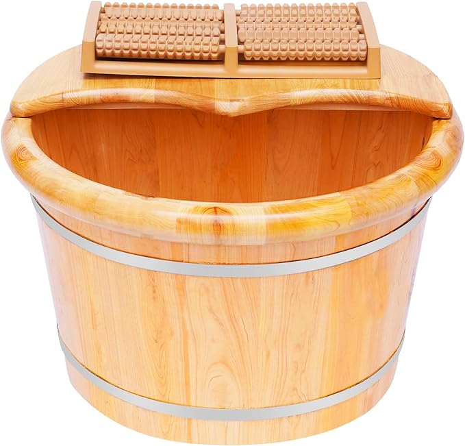 16" Wood Foot Bath Bucket with Massage Roller & Lid, Thickened Spa Soaking Tub for Relaxation, Washing and Sauna, Wooden Foot Soaking Tub with Heat Retention