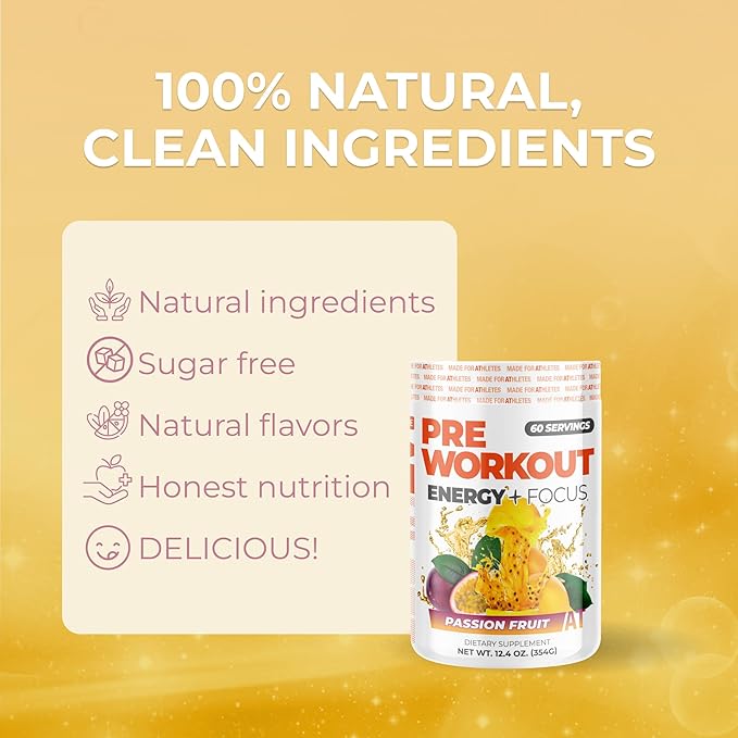 About Time Pre Workout Energy + Focus, Passion Fruit | 60mg Caffeine from Green Tea, Natural Flavors, No Jitters or Crashes, No Stim, Gluten Free, Sugar Free, 60 Servings