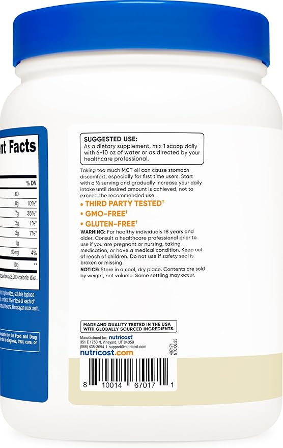 Nutricost Premium MCT Oil Powder (1 LB, Vanilla) - Best for Keto, Ketosis, and Ketogenic Diets - Zero Net Carbs, Non-GMO and Gluten Free, Medium Chain Triglyceride