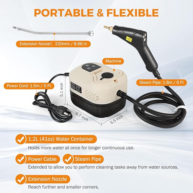 BEAMNOVA Car Steamer Steam Cleaner for Auto Detailing 1.2L (41oz) Water Container Handheld Steam Machine for Cleaning Portable High Pressure Multipurpose Steam Gun, Color Ivory