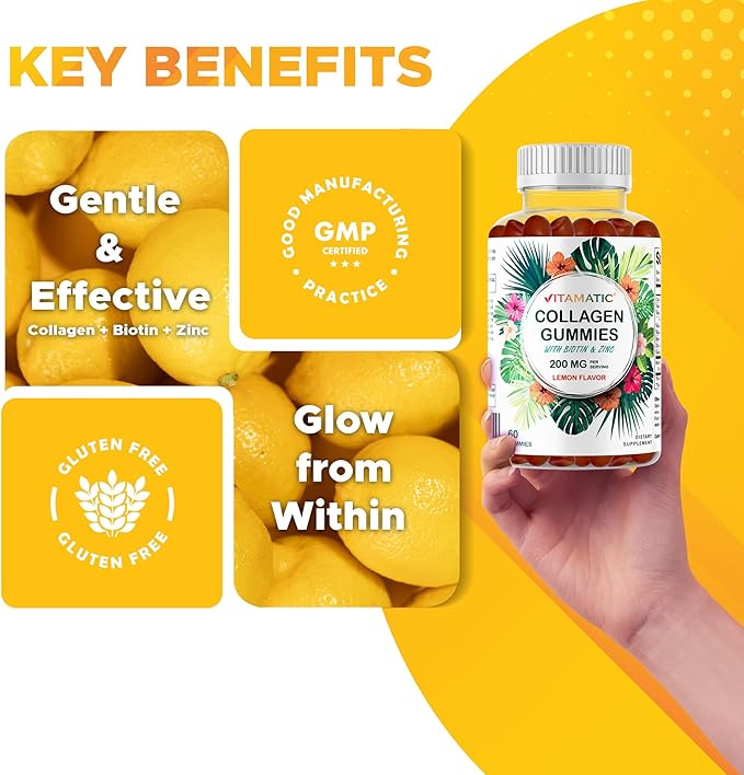 Vitamatic Hydrolyzed Collagen Gummies with Vitamin C, Zinc and Biotin, 200 mg - Healthy Skin Support - 60 Gummies
