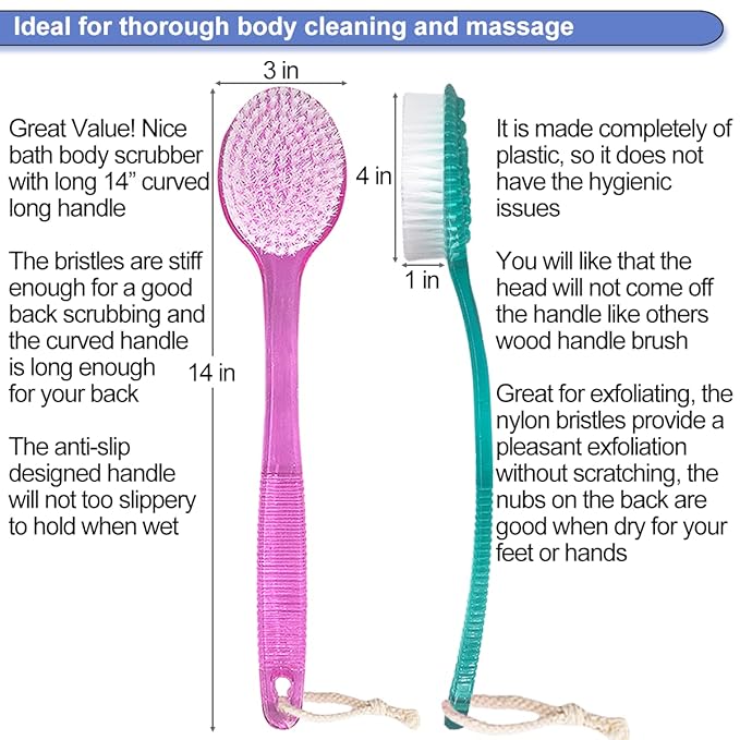 Back Brush for Shower, 14-inch Long Handle Medium Stiff Bristles Bath Scrubber for Men Women Body Exfoliating and Brushing - 2 Packs Pink+Blue