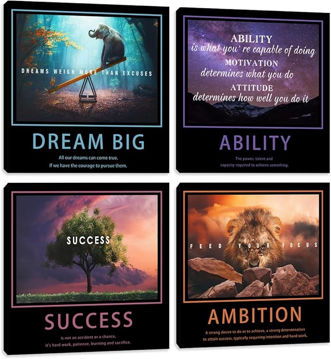 Motivational Wall Decor Art Office Wall Decor Inspirational Wall Art Success Canvas Paintings Quotes Posters Wall Picture 4 Pieces Framed Artwork Living Room Bedroom Home Decoration 20"x20"x4pcs