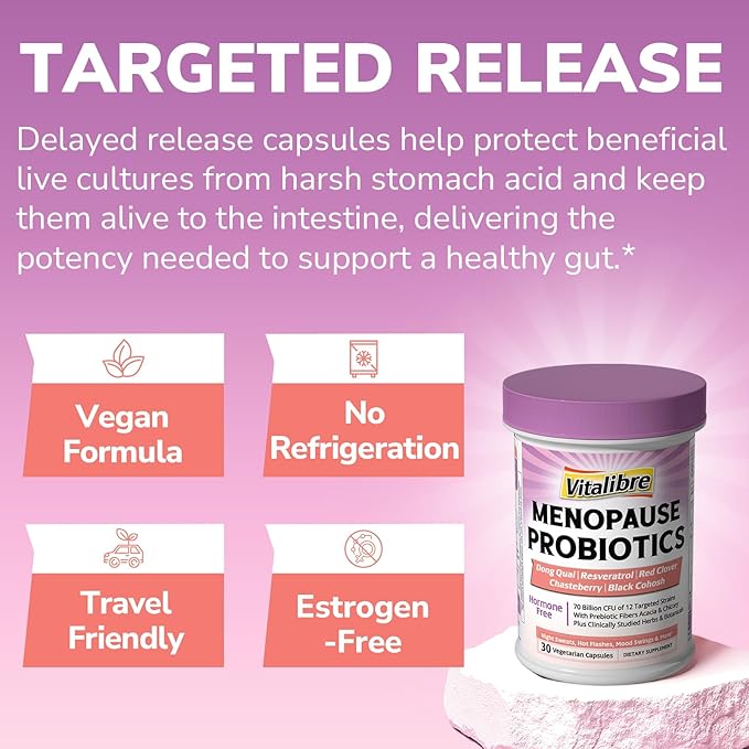 Menopause Probiotics for Women 70 Billion CFU, 12 Targeted Strains, Organic Prebiotics, Black Cohosh Resveratrol Red Clover Chasteberry Dong Quai, Hot Flash Night Sweat+, No Estrogen, 30 Ct