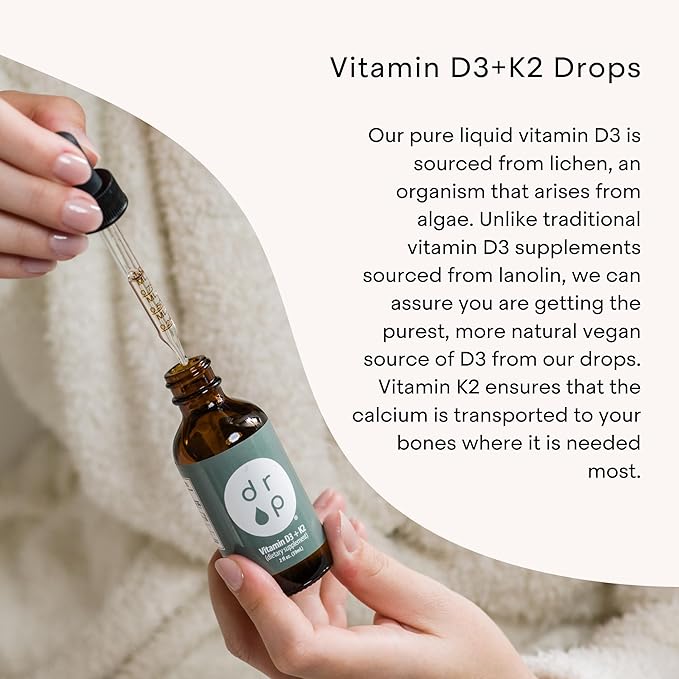 Vitamin D3 + K2 Drops with 1000 IU of Plant Based D3 and 45 mcg of K2, 2 oz Liquid Supplement for Bone Strength, Improved Mood - No Artificial Preservatives, Unflavored, with Coconut MCT Oil