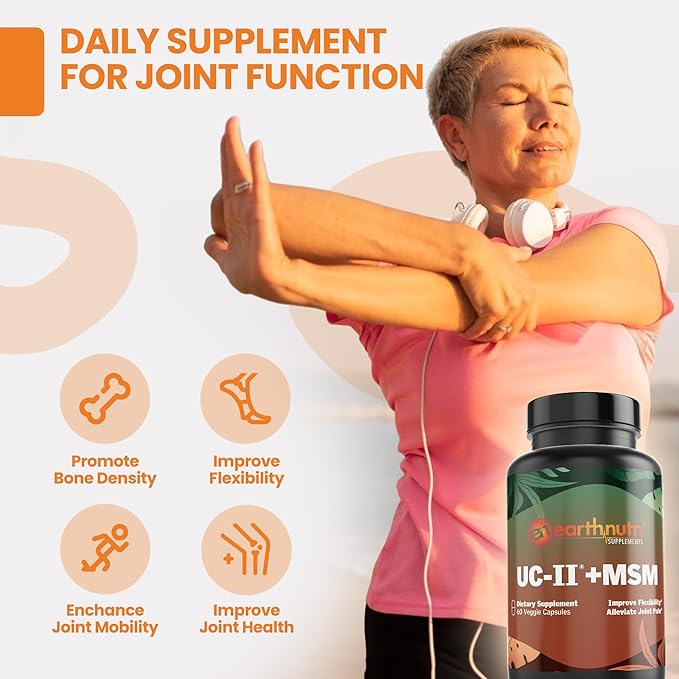UC-II & MSM Supplement for Bone Health and Joint Flexibility - Supports Mobility & Comfort - 40mg UC-II Providing 10mg Total Collagen & 1000mg MSM - 60 Capsules (2 Caps Daily)