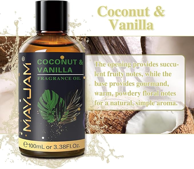 100ML/3.38FL.OZ Coconut & Vanilla Fragrance Oils with Glass Dropper, Essential Oils for Diffusers for Home, Long Lasting Scented Oils for Diffusers Soap Candle Making